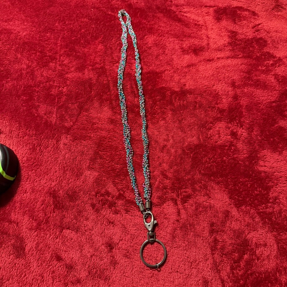 Beaded Lanyard ID Badge Holder Teal Pink Silver‎ Twisted Rope Keychain